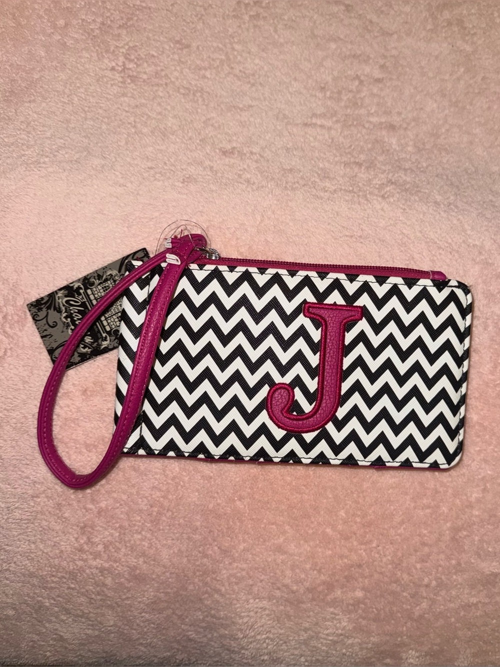 Wristlet Wallet - Black & White with Hot Pink J